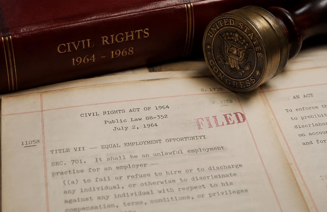 Stamped civil-rights-era ledger pages beside a brass congressional seal